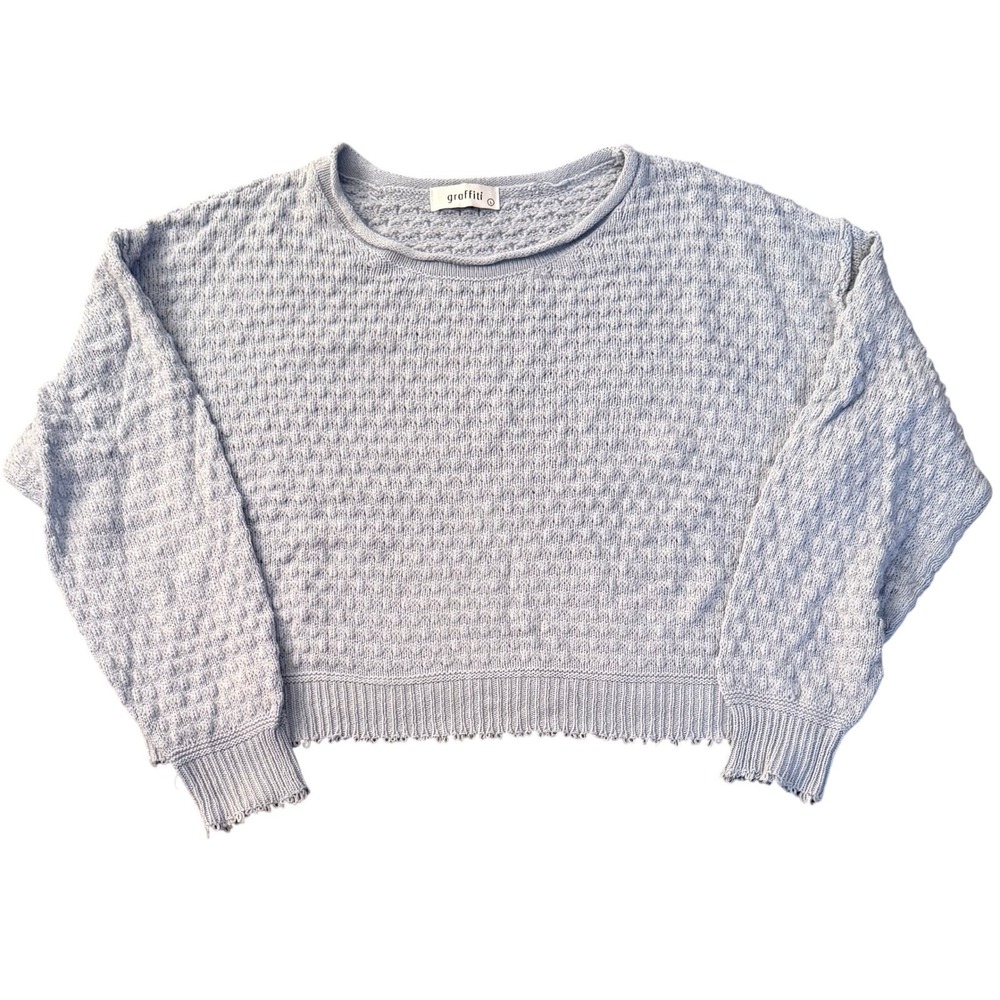 Graffiti Pastel Blue Textured Knit‎ Cropped Sweater Juniors Size L Crop Top